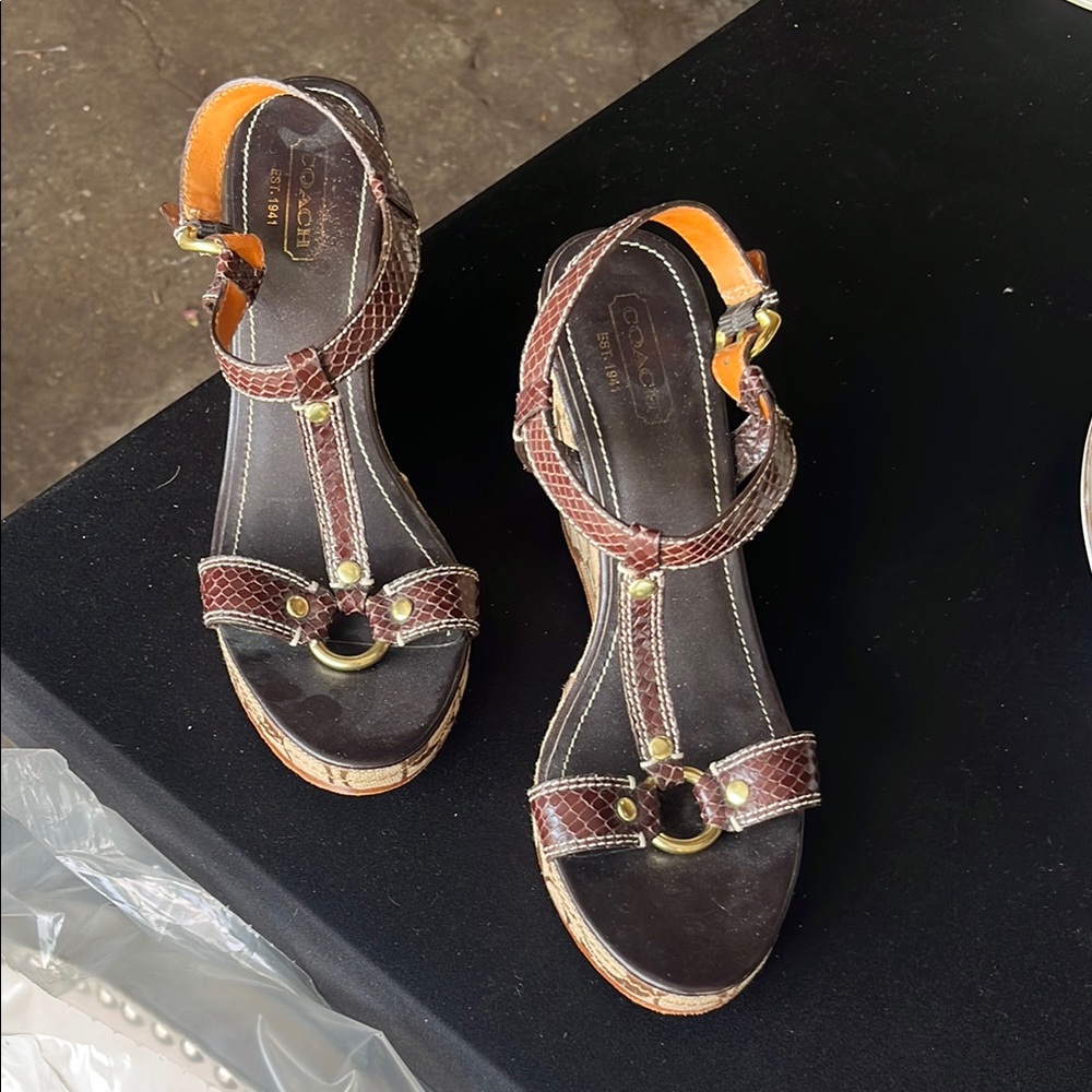 Coach Brown Leather T-Strap Wedge Sandals